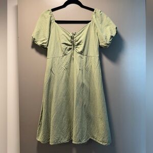 Nordstrom Women’s Green Linen Puff Sleeve Dress — Ruched Front SIZE L 8-10